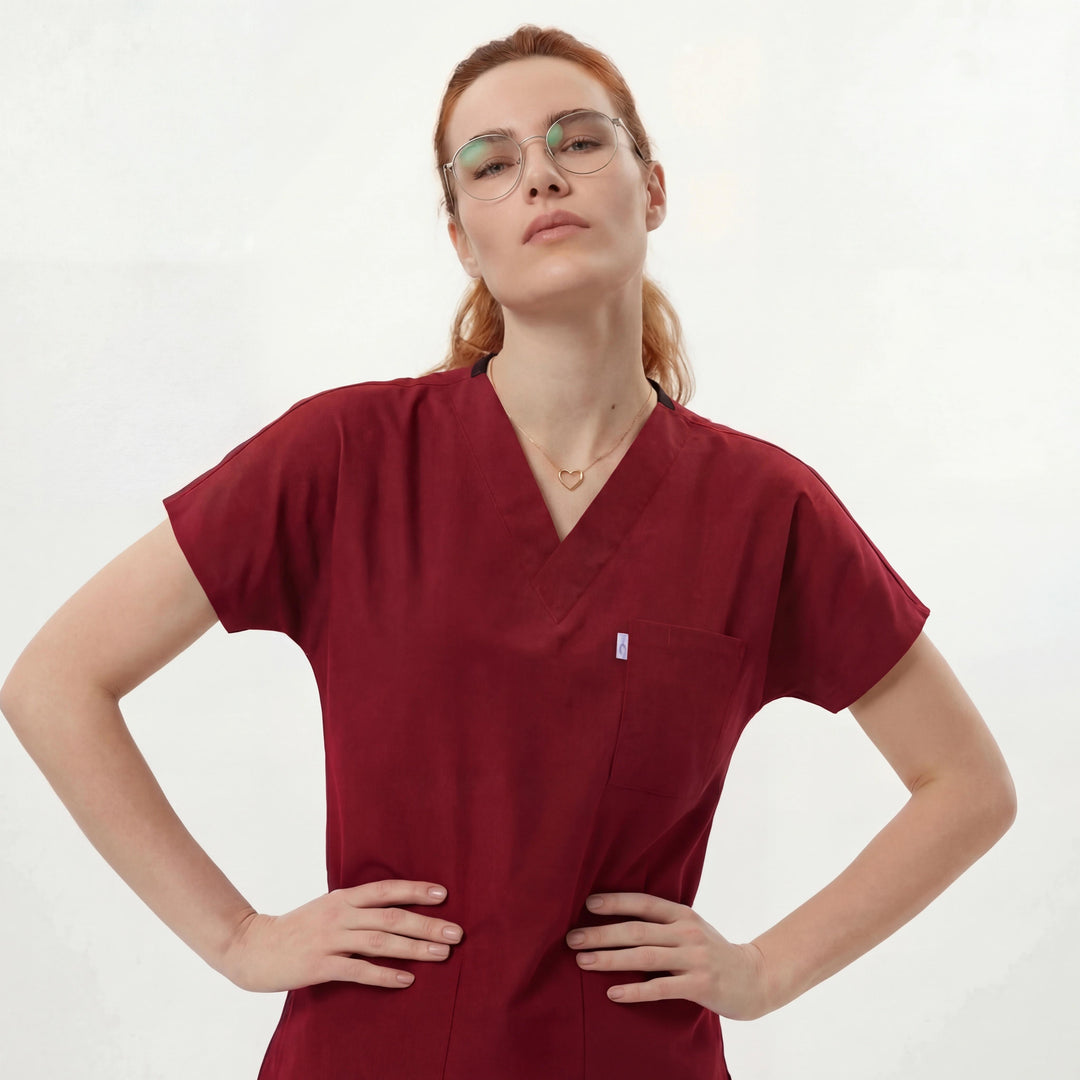 Premium Likralı Klasik Seri Kadın Bordo Üniforma Üst