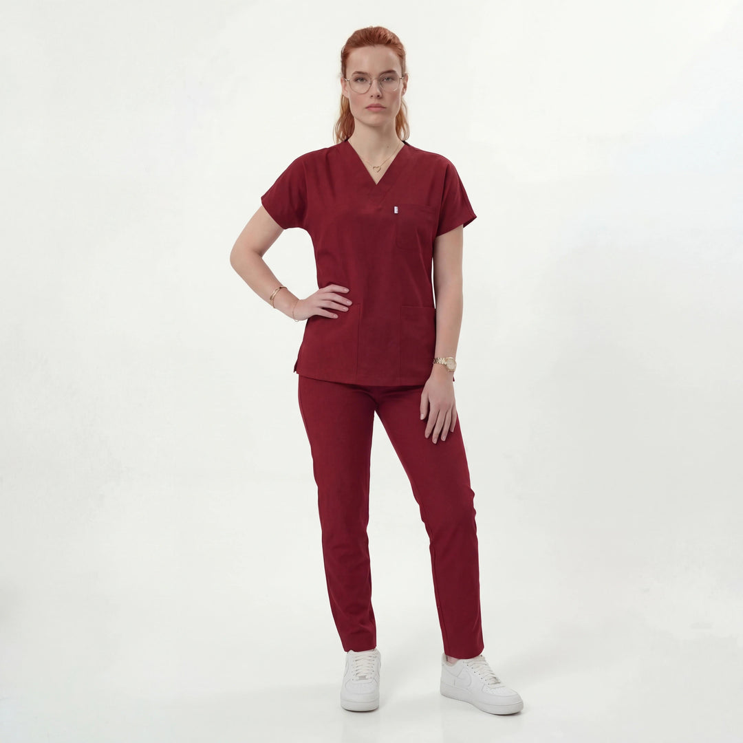 Premium Likralı Klasik Seri Kadın Bordo Üniforma Üst