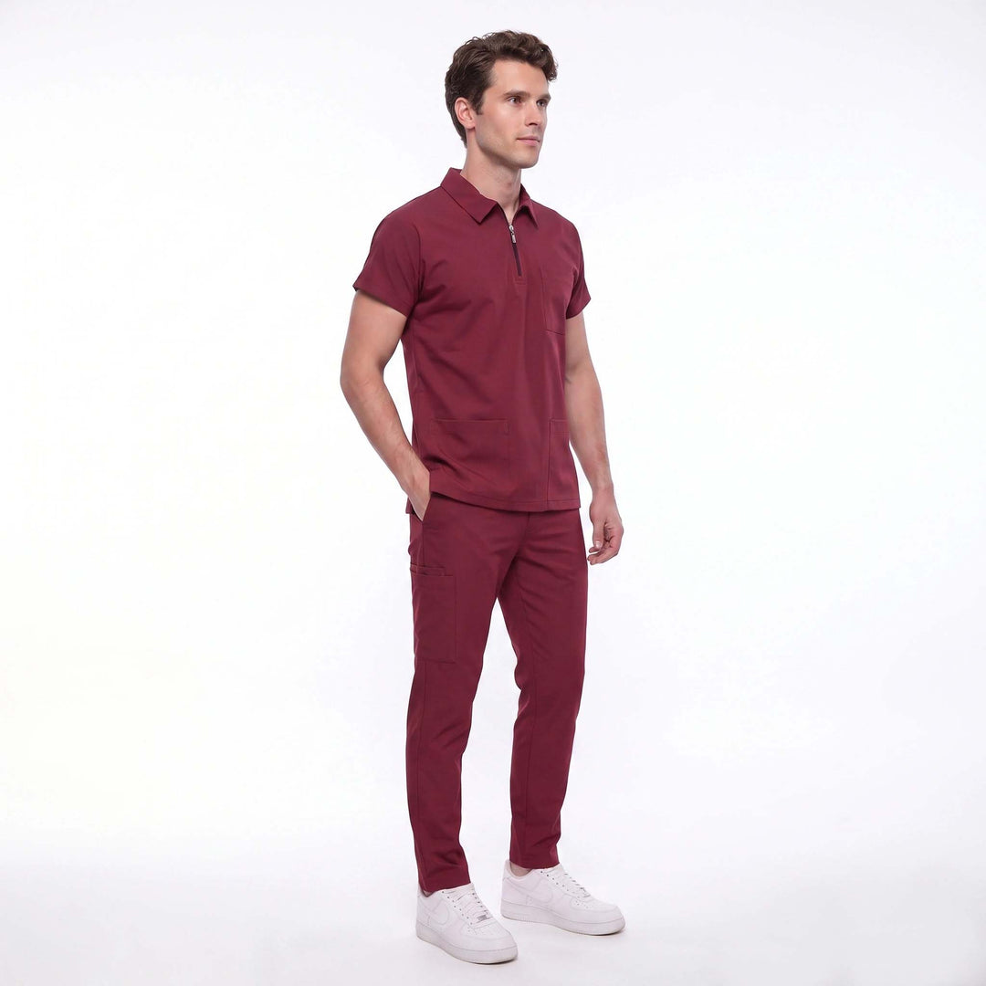 Likralı Zipper Seri Erkek Bordo Üniforma Takımı