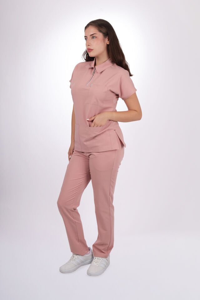 Premium Likralı Zipper Seri Kadın Pudra Üniforma Üst
