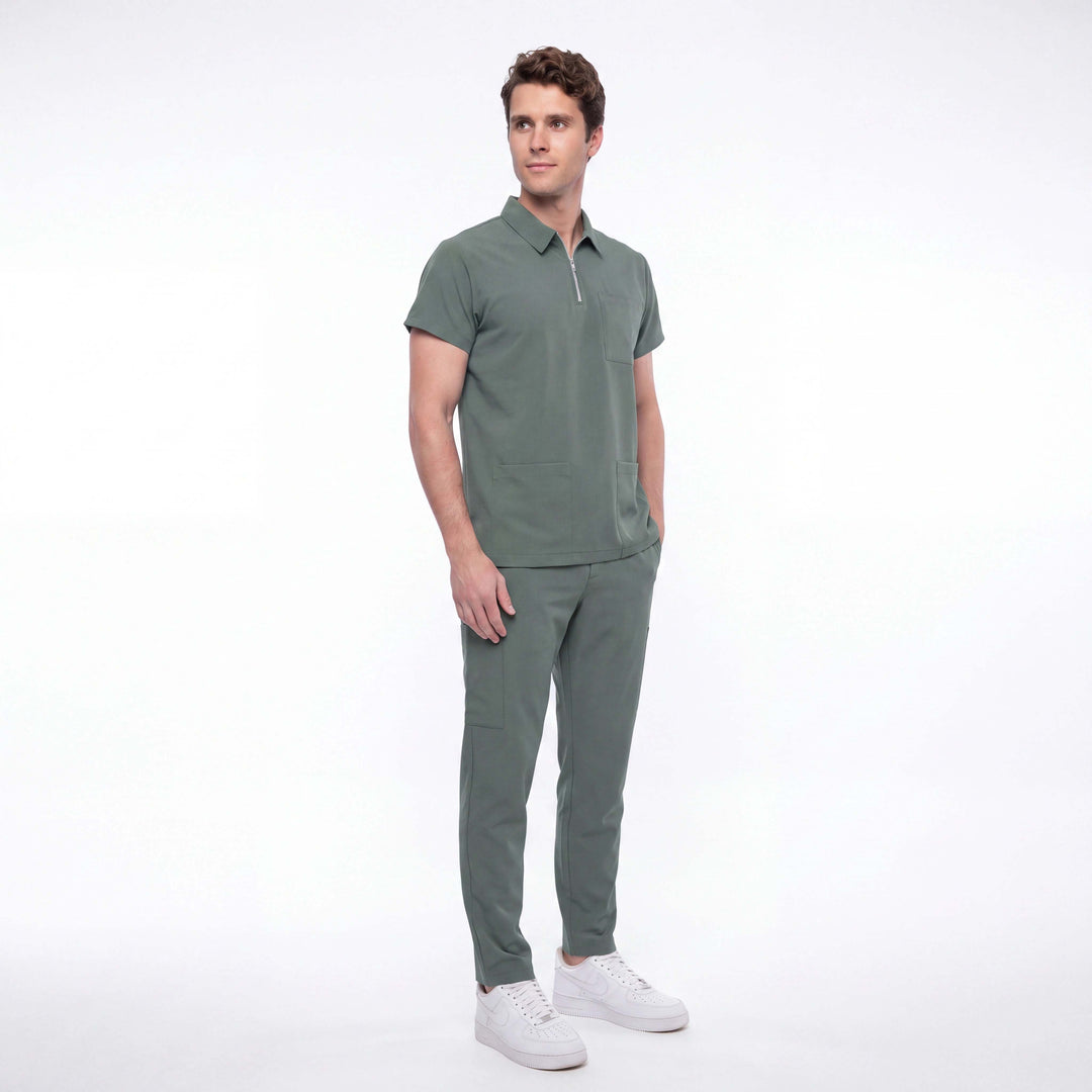 Likralı Zipper Seri Erkek Küf Yeşili Üniforma Takımı