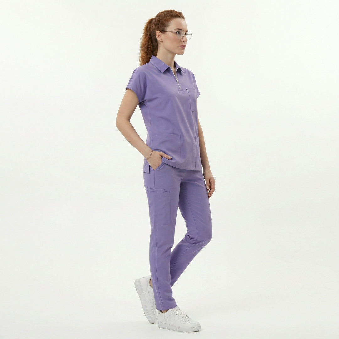 Likralı Zipper Seri Kadın Lila Üniforma Takımı