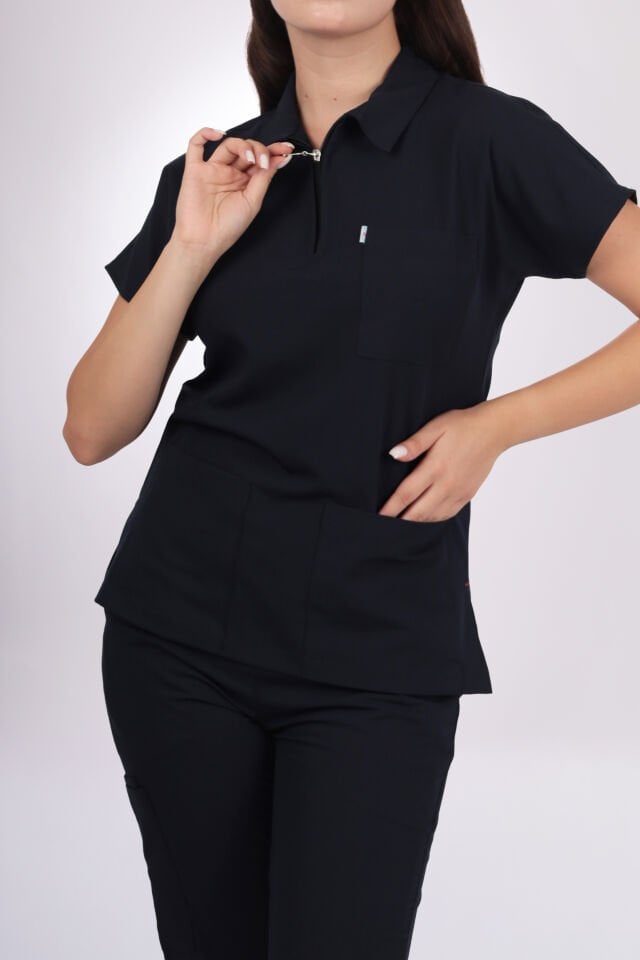 Premium Likralı Zipper Seri Kadın Siyah Üniforma Takımı