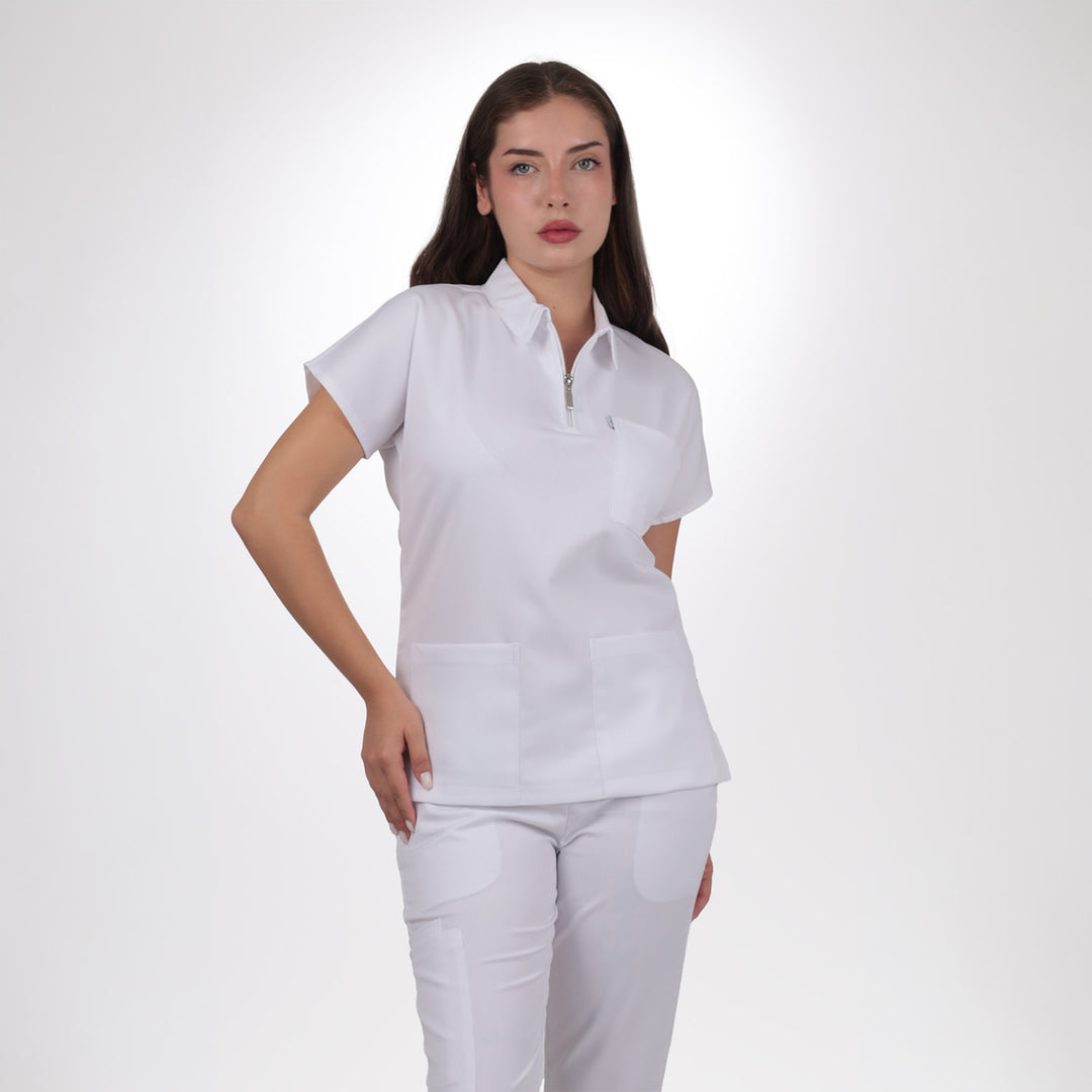 Premium Likralı Zipper Seri Kadın Beyaz Üniforma Üst