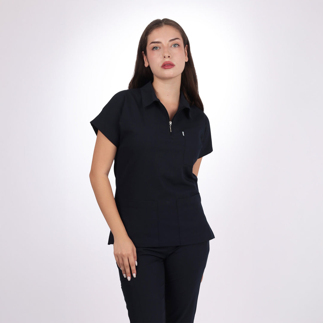 Premium Likralı Zipper Seri Kadın Siyah Üniforma Üst