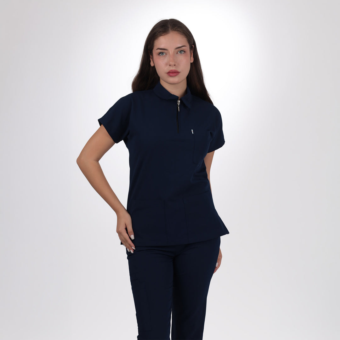 Premium Likralı Zipper Seri Kadın Lacıvert Üniforma Üst
