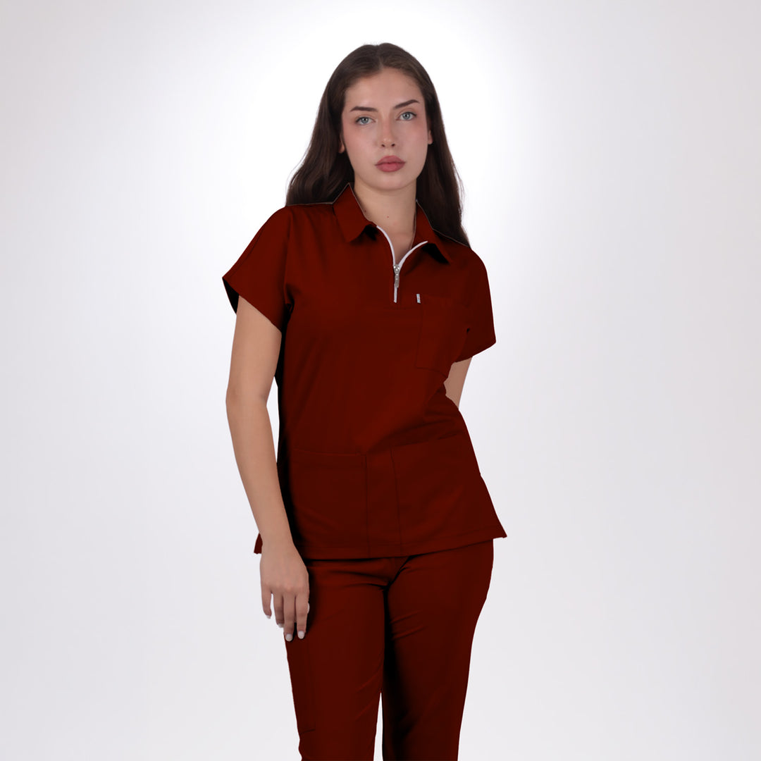 Premium Likralı Zipper Seri Kadın Bordo Üniforma Takımı