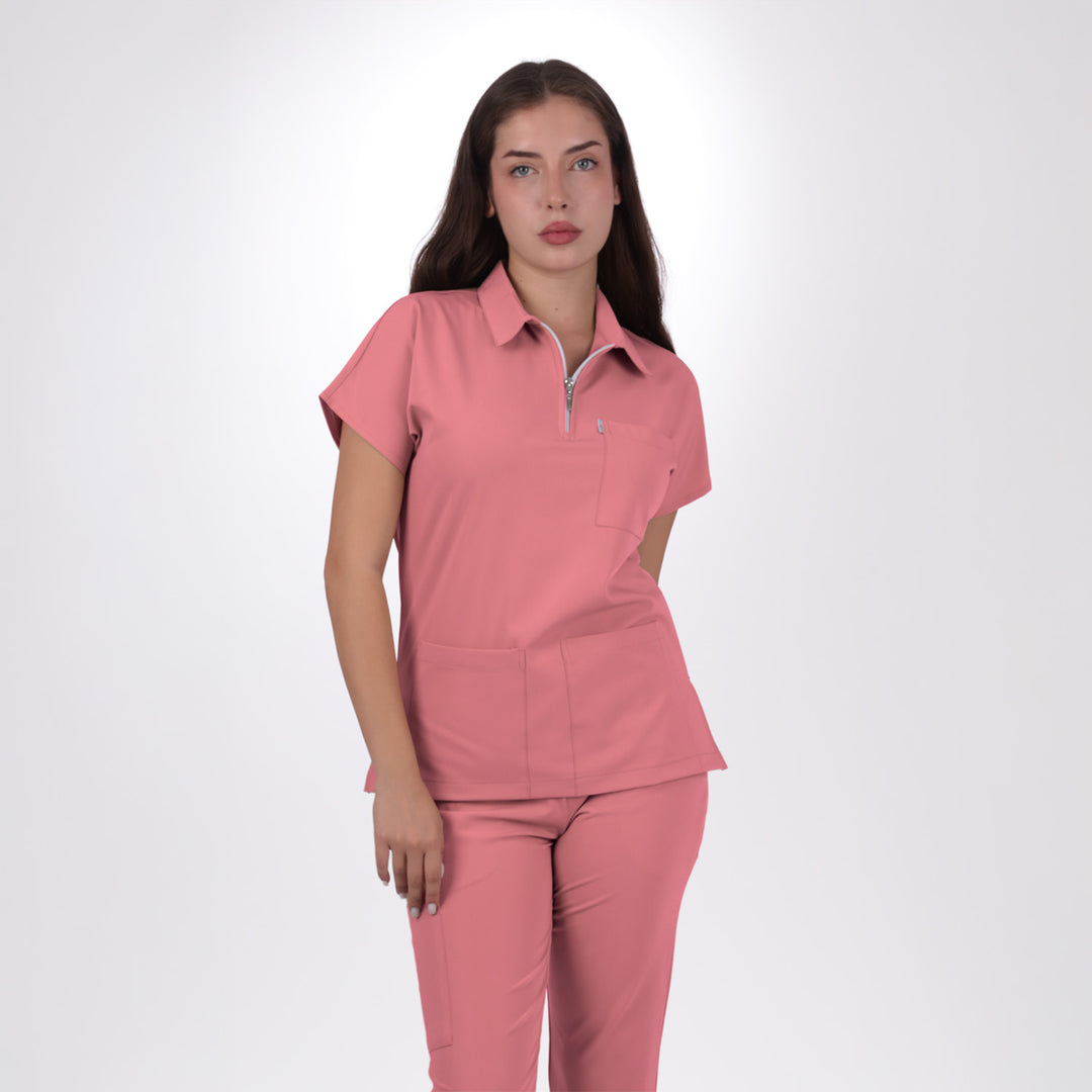 Premium Likralı Zipper Seri Kadın Pembe Üniforma Üst