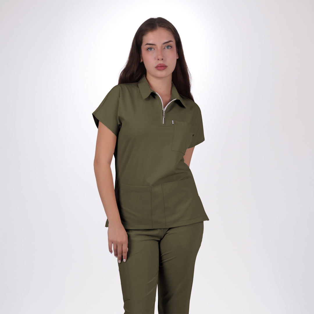 Premium Likralı Zipper Seri Kadın Haki Üniforma Takımı