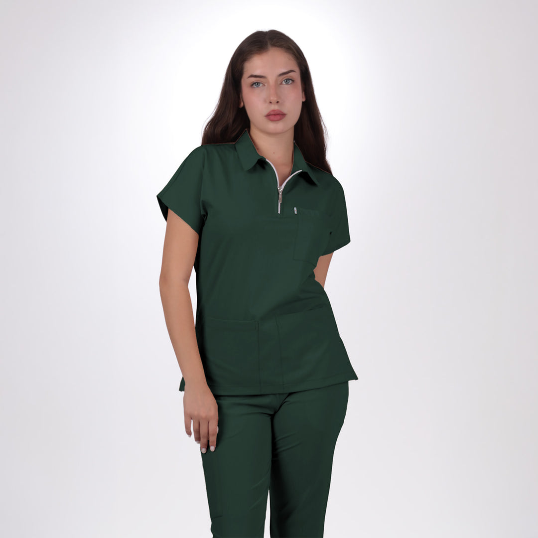 Premium Likralı Zipper Seri Kadın Avcı Yeşili Üniforma Takımı