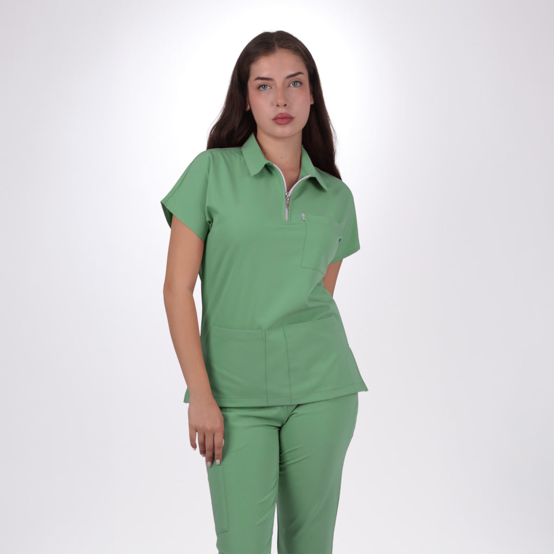 Premium Likralı Zipper Seri Kadın Fıstık Yeşili Üniforma Üst