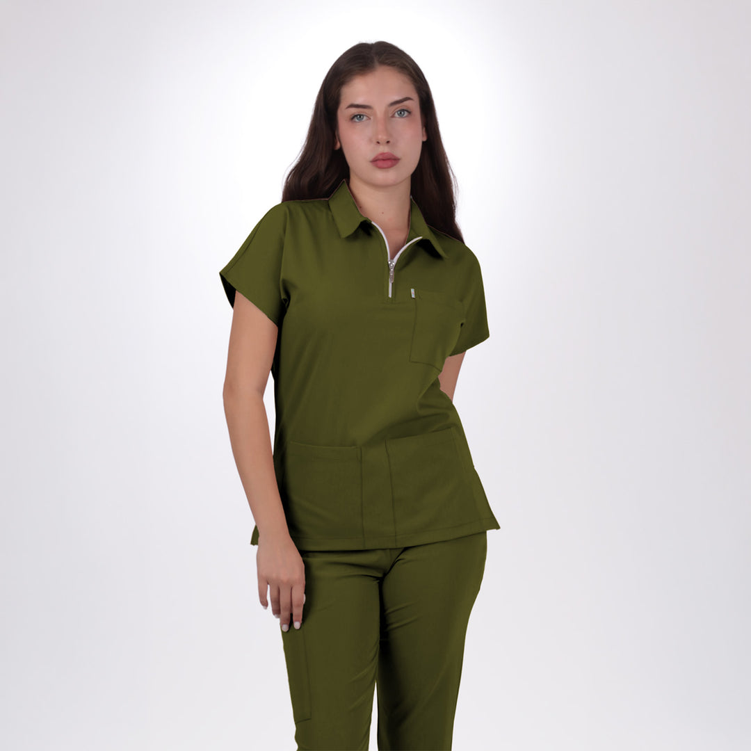 Premium Likralı Zipper Seri Kadın Yağ Yeşili Üniforma Takımı