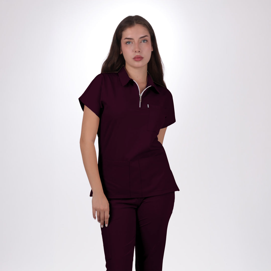 Premium Likralı Zipper Seri Kadın Mürdüm Üniforma Takımı