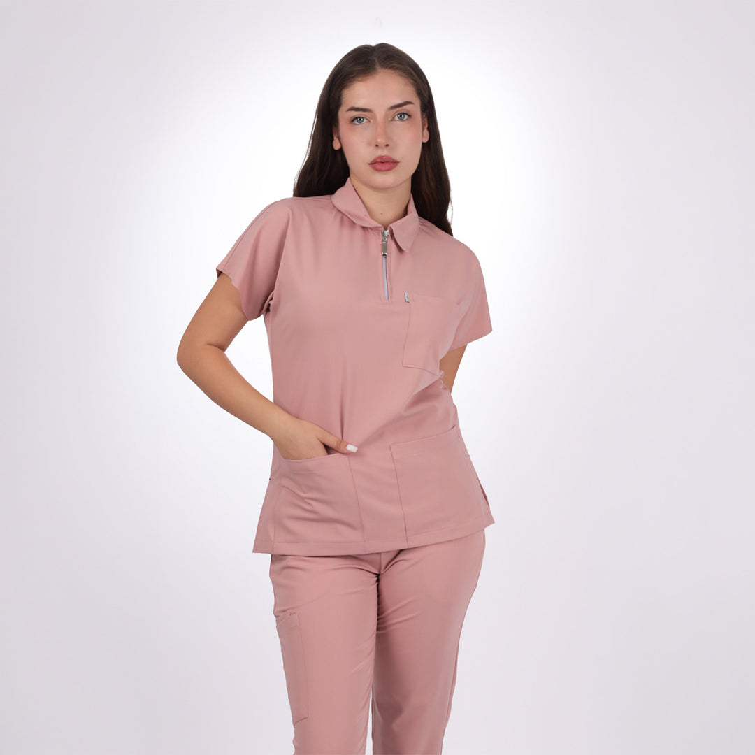 Premium Likralı Zipper Seri Kadın Pudra Üniforma Takımı