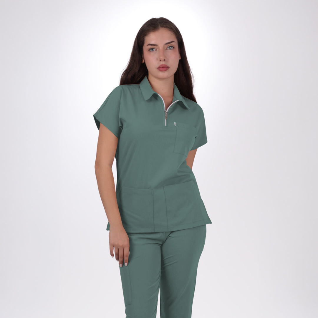 Premium Likralı Zipper Seri Kadın Küf Yeşili Üniforma Takımı