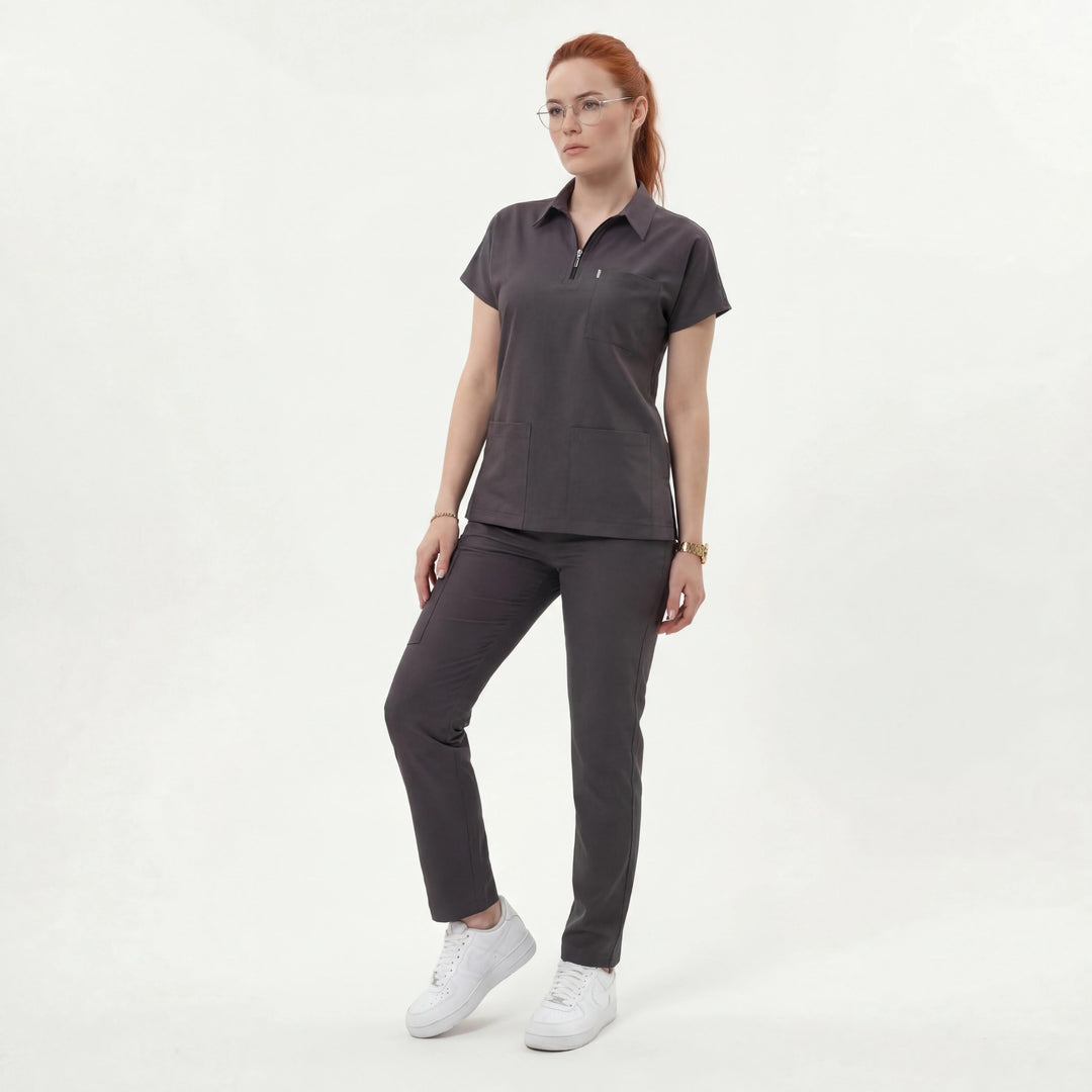 Likralı Zipper Seri Kadın Antrasit Gri Üniforma Üst