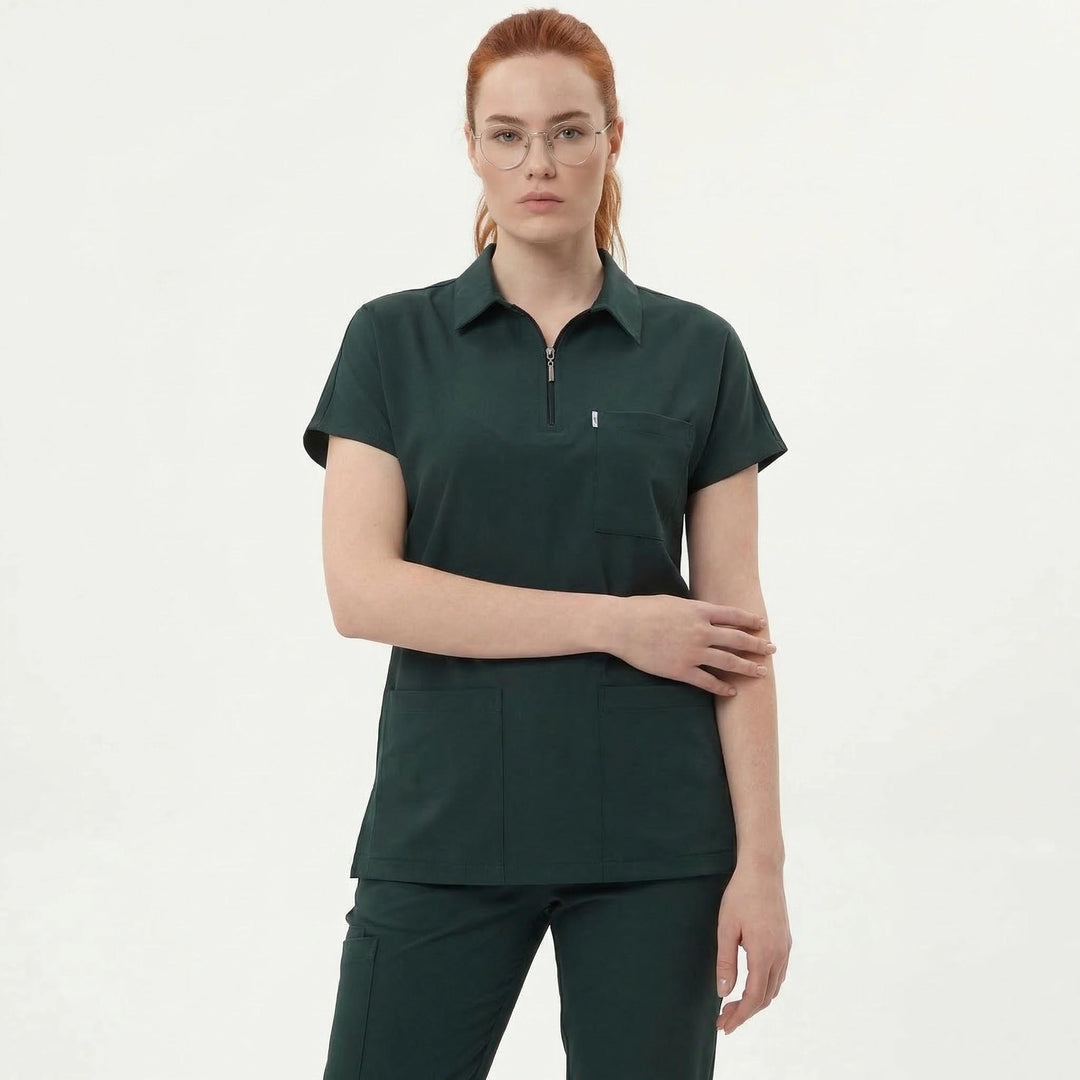 Likralı Zipper Seri Kadın Avcı Yeşili Üniforma Üst