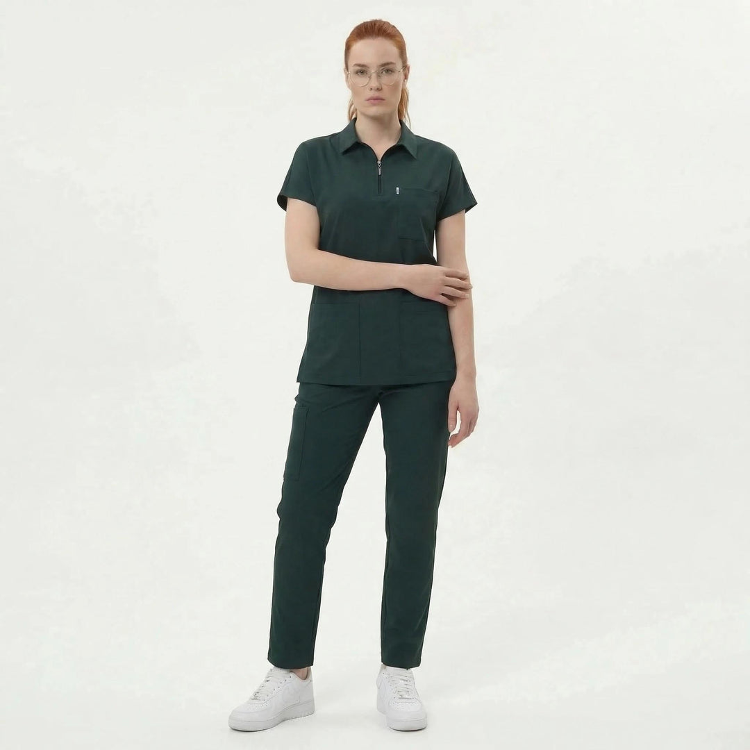 Likralı Zipper Seri Kadın Avcı Yeşili Üniforma Takımı