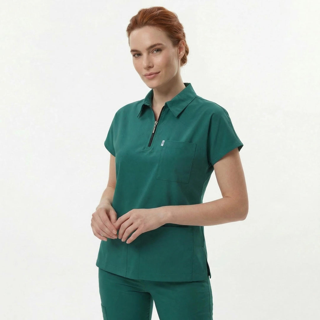 Likralı Zipper Seri Kadın Cerrahi Yeşili Üniforma Üst