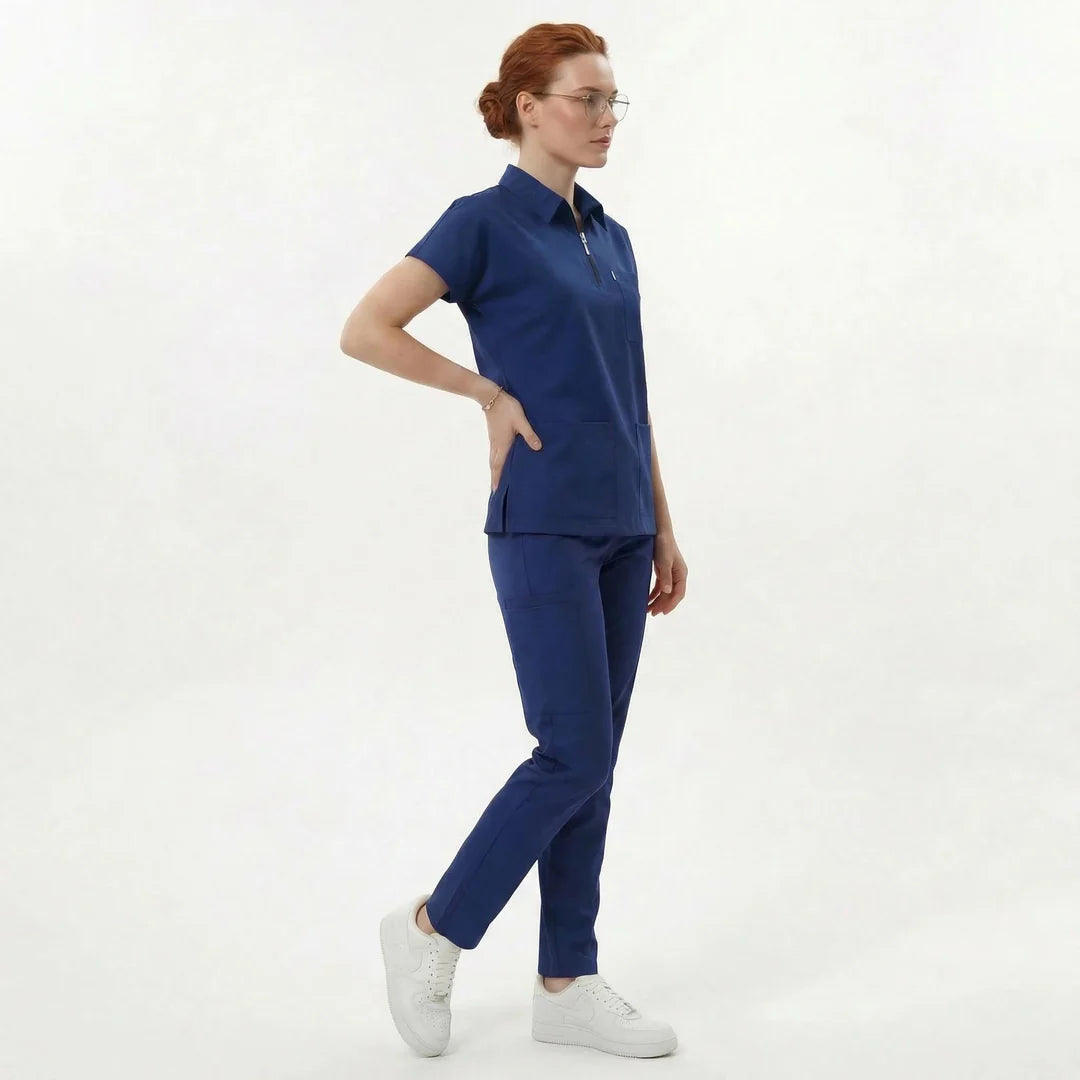 Likralı Zipper Seri Kadın Havacı Mavi Üniforma Alt