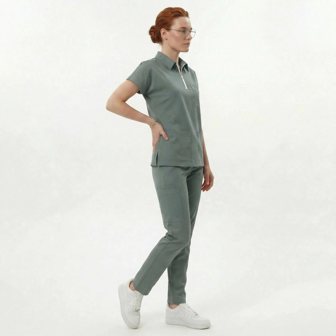 Likralı Zipper Seri Kadın Küf Yeşili Üniforma Üst