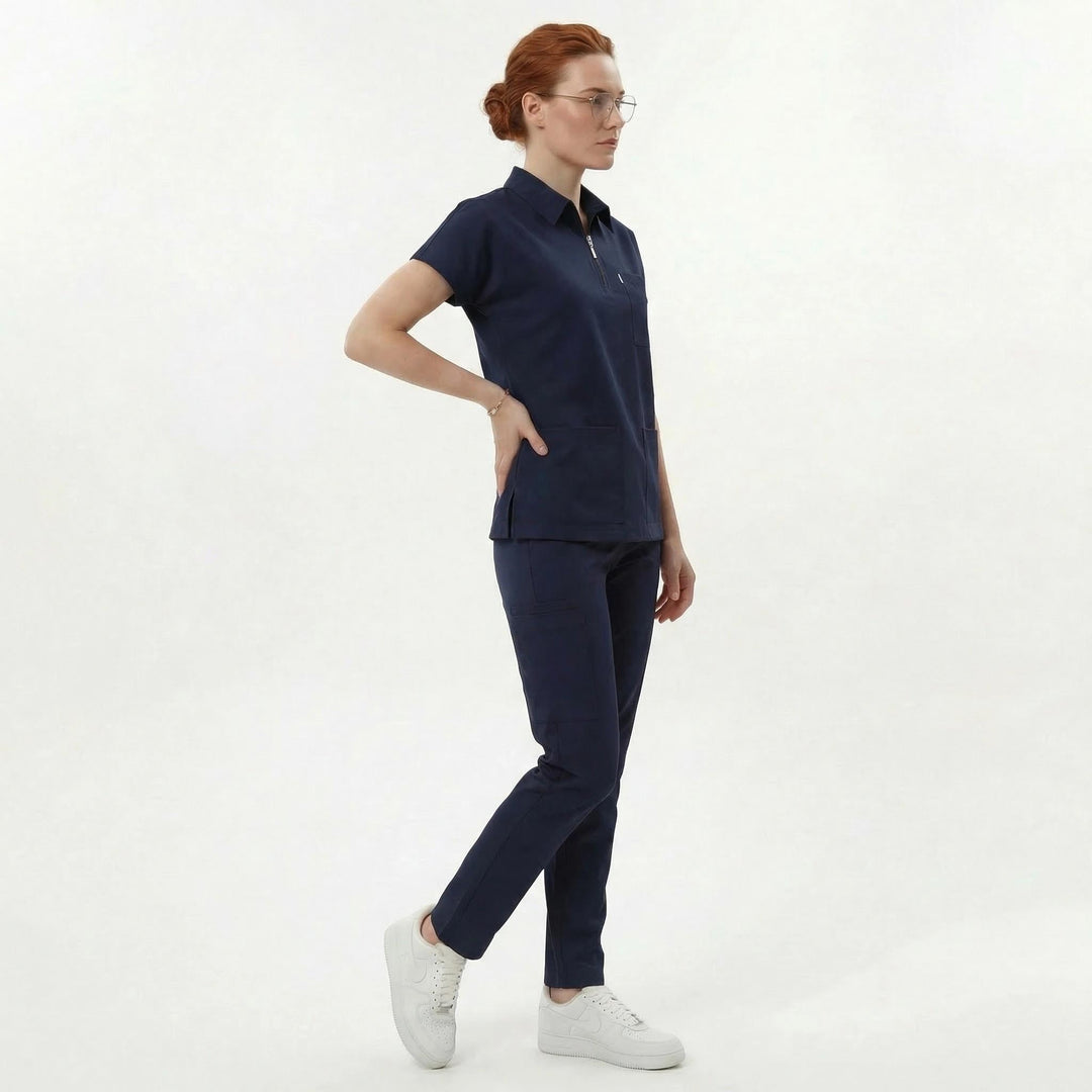 Likralı Zipper Seri Kadın Lacivert Üniforma Takımı