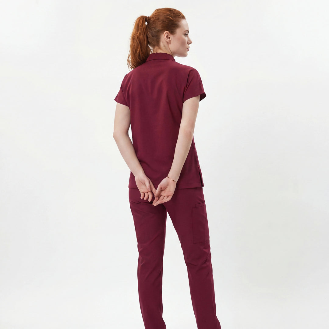 Likralı Zipper Seri Kadın Bordo Üniforma Takımı