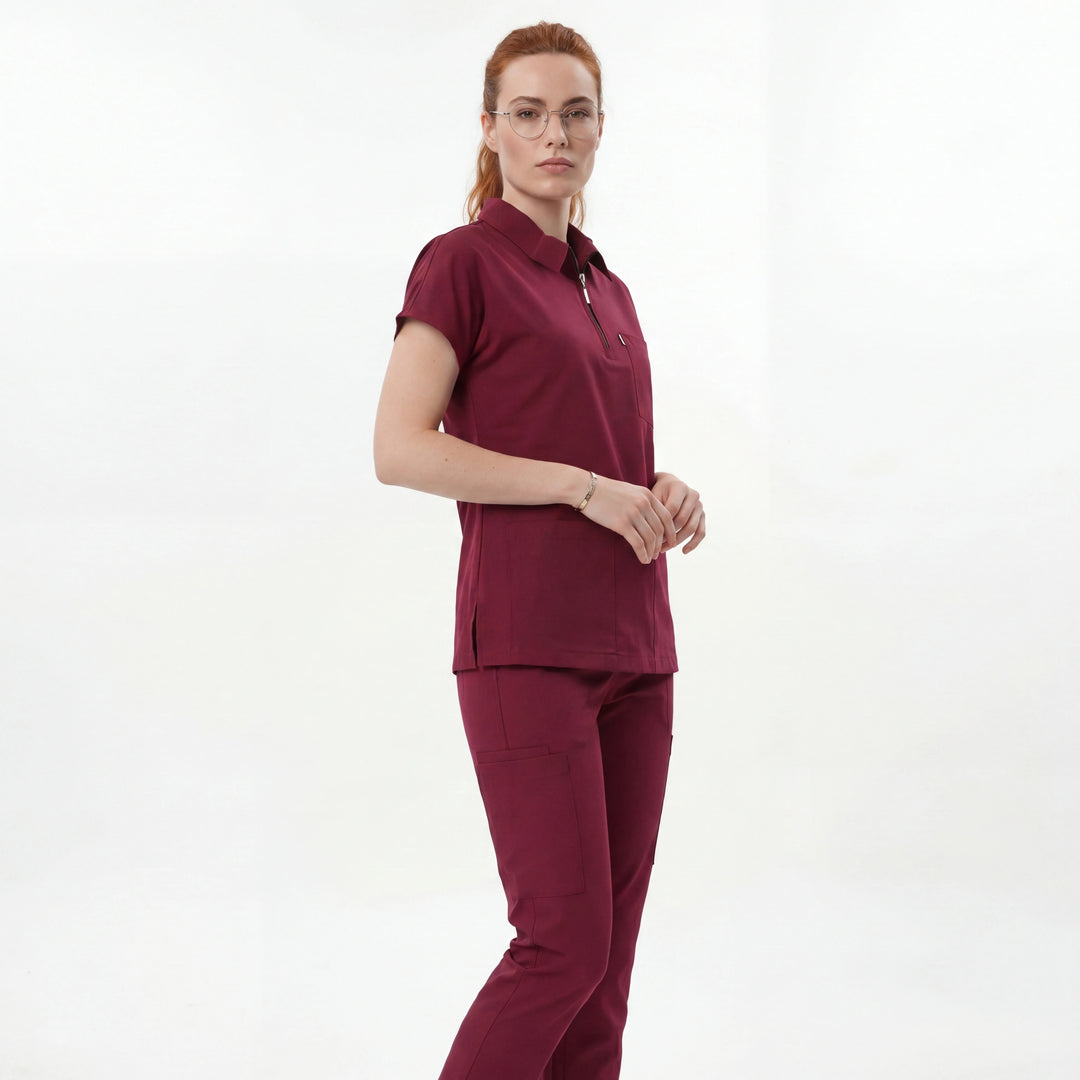 Likralı Zipper Seri Kadın Bordo Üniforma Takımı