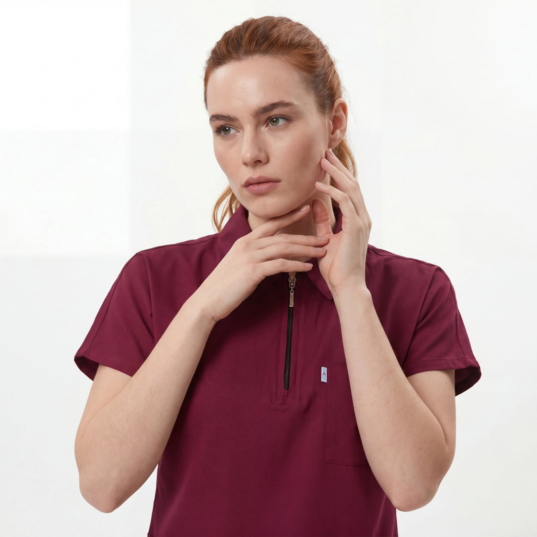 Likralı Zipper Seri Kadın Bordo Üniforma Takımı
