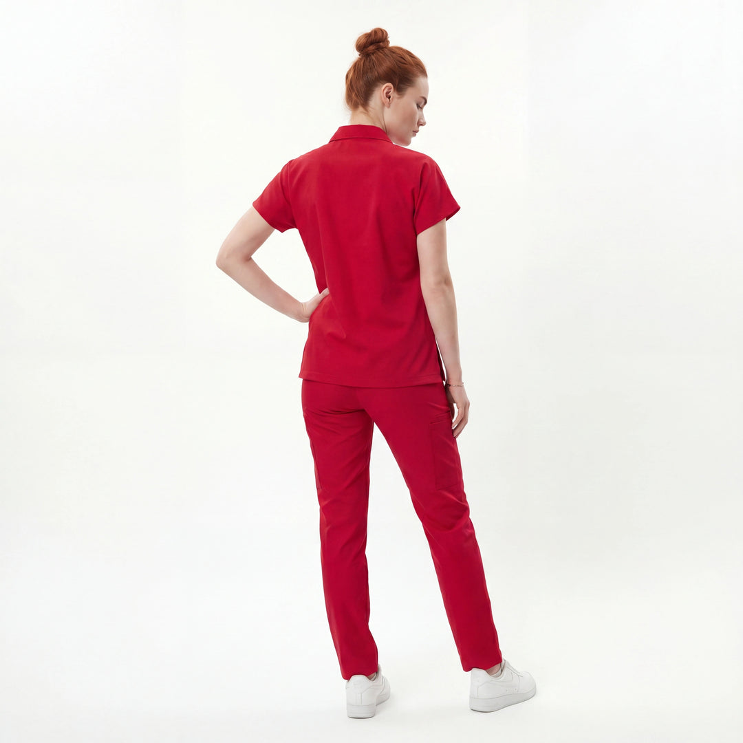 Likralı Zipper Seri Kadın Kırmızı Üniforma Takımı