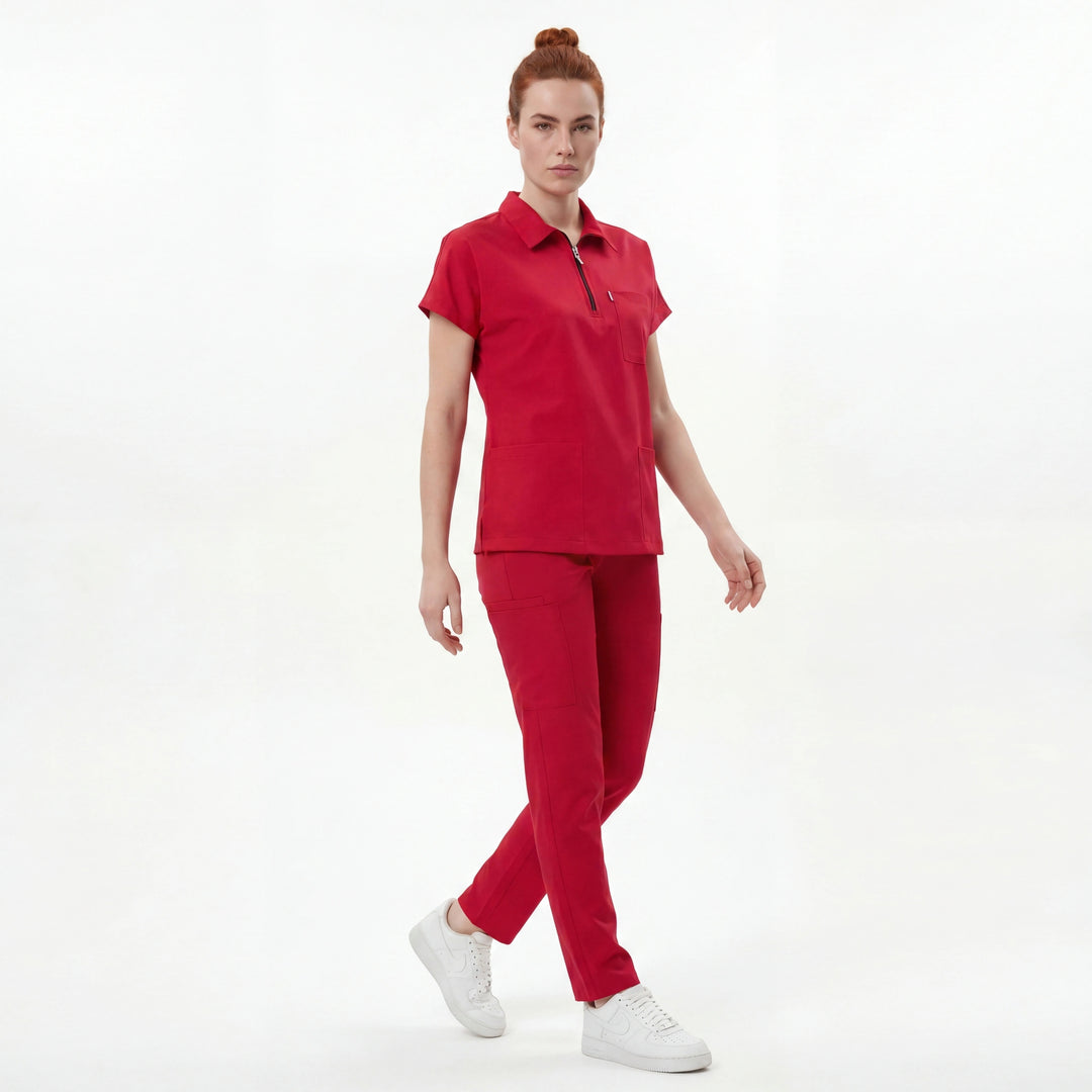 Likralı Zipper Seri Kadın Kırmızı Üniforma Takımı