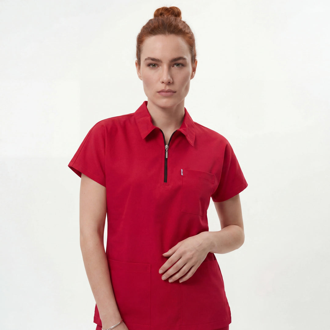 Likralı Zipper Seri Kadın Kırmızı Üniforma Üst