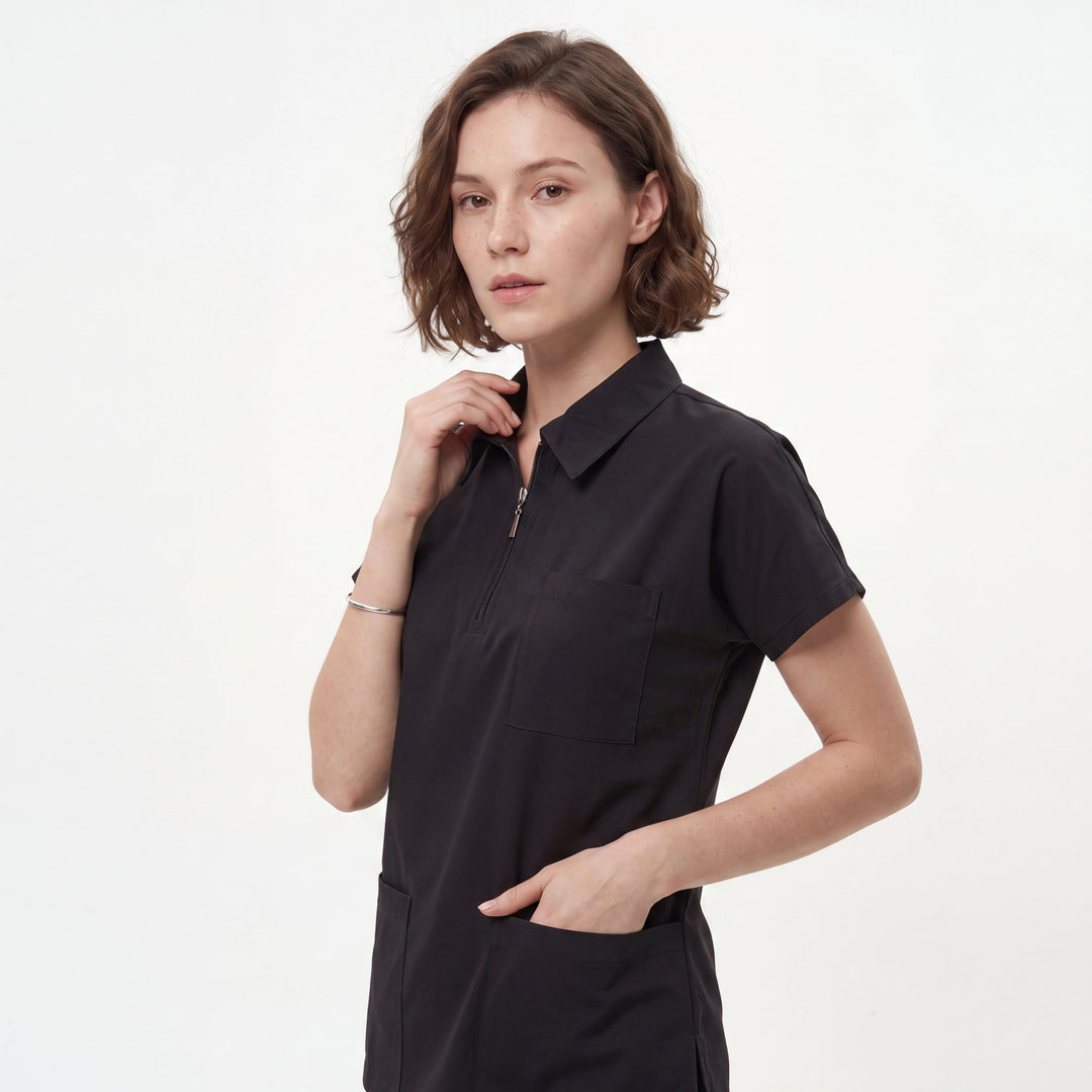 Premium Likralı Zipper Seri Kadın Siyah Üniforma Üst