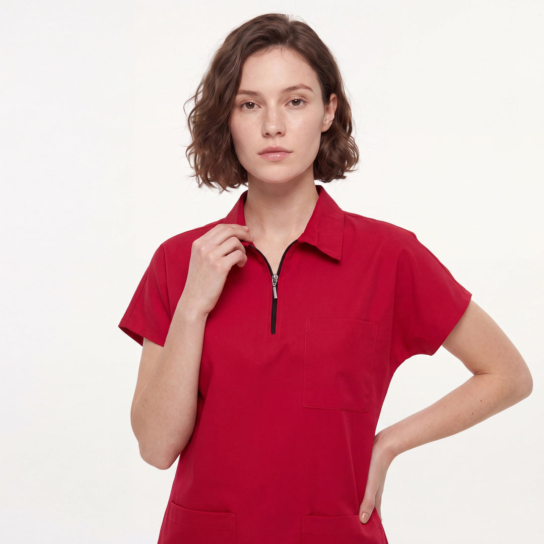 Premium Likralı Zipper Seri Kadın Kırmızı Üniforma Üst