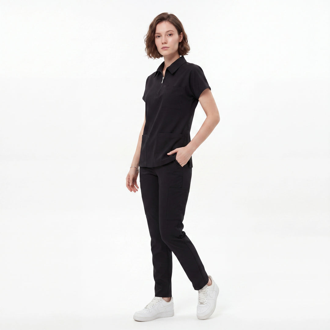 Premium Likralı Zipper Seri Kadın Siyah Üniforma Takımı