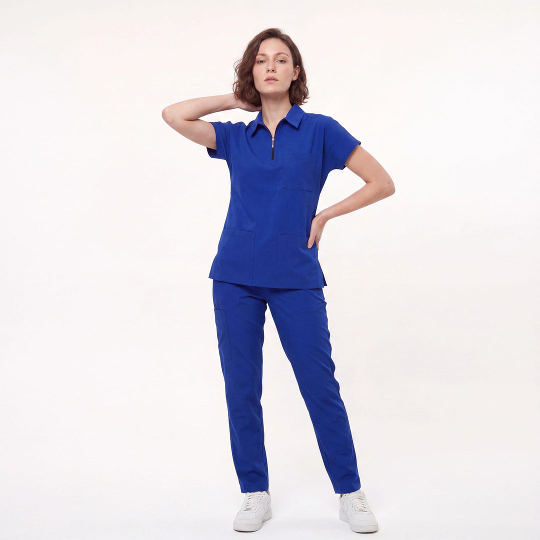 Premium Likralı Zipper Seri Kadın Saks Mavisi Üniforma Alt