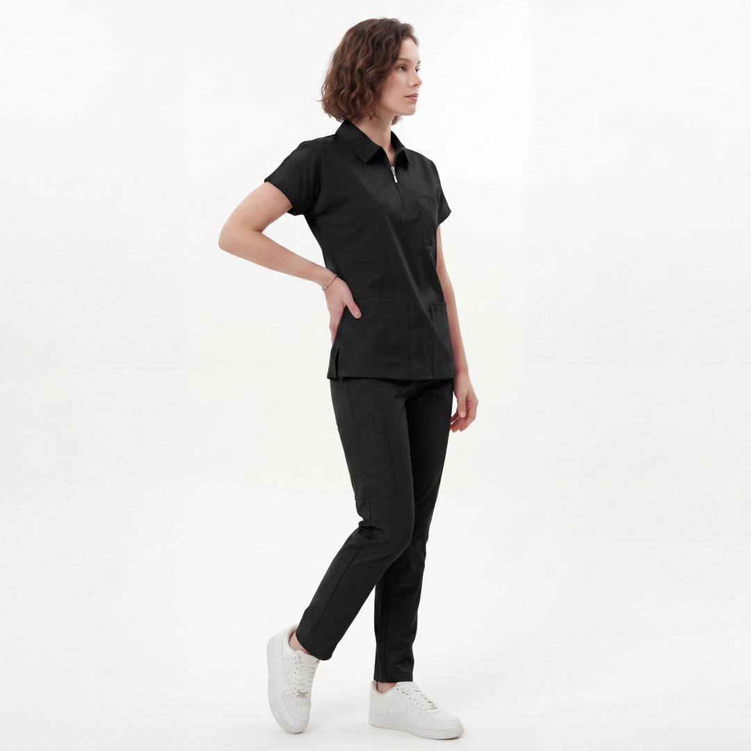 Premium Likralı Zipper Seri Kadın Siyah Üniforma Takımı