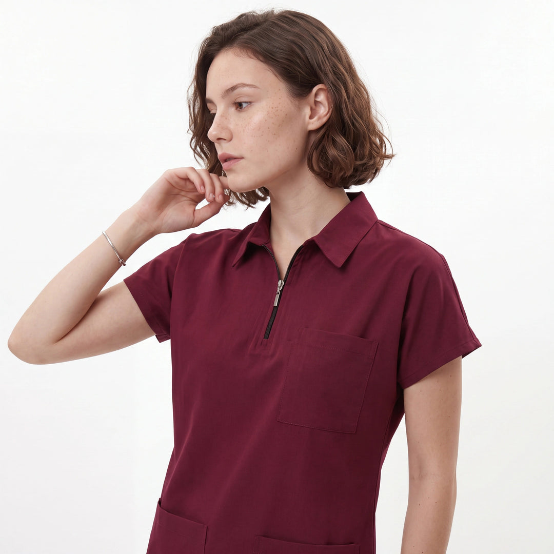 Premium Likralı Zipper Seri Kadın Bordo Üniforma Takımı