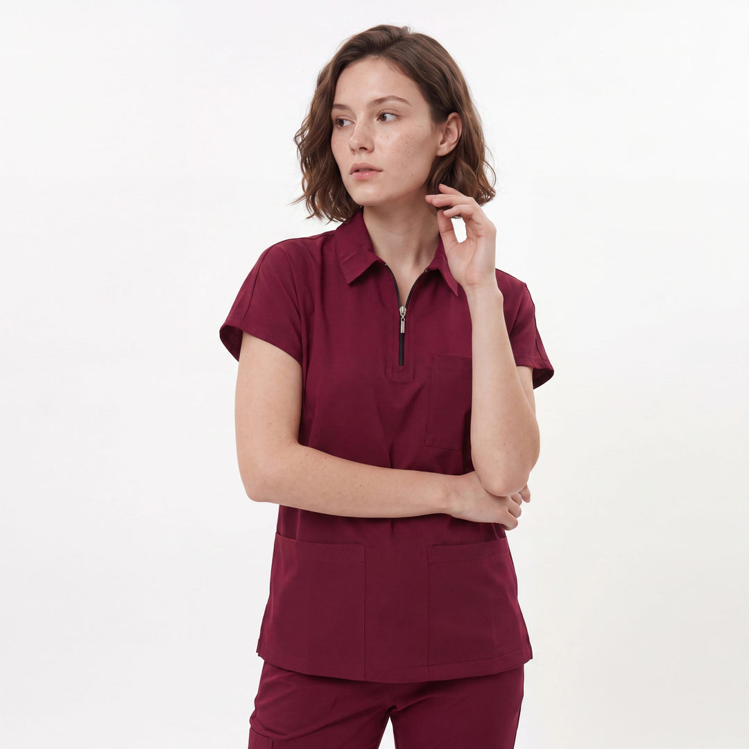 Premium Likralı Zipper Seri Kadın Bordo Üniforma Takımı