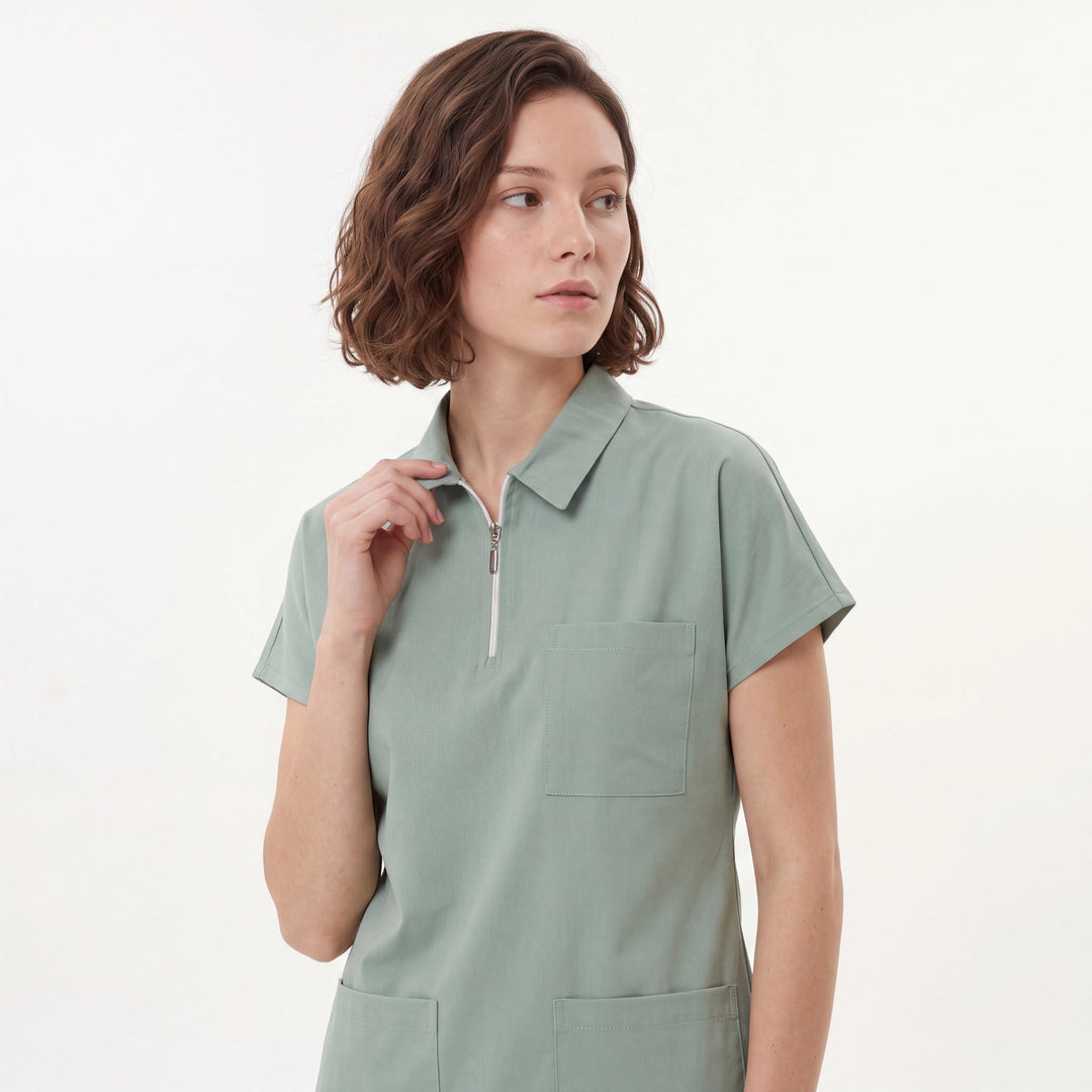 Premium Likralı Zipper Seri Kadın Küf Yeşili Üniforma Takımı