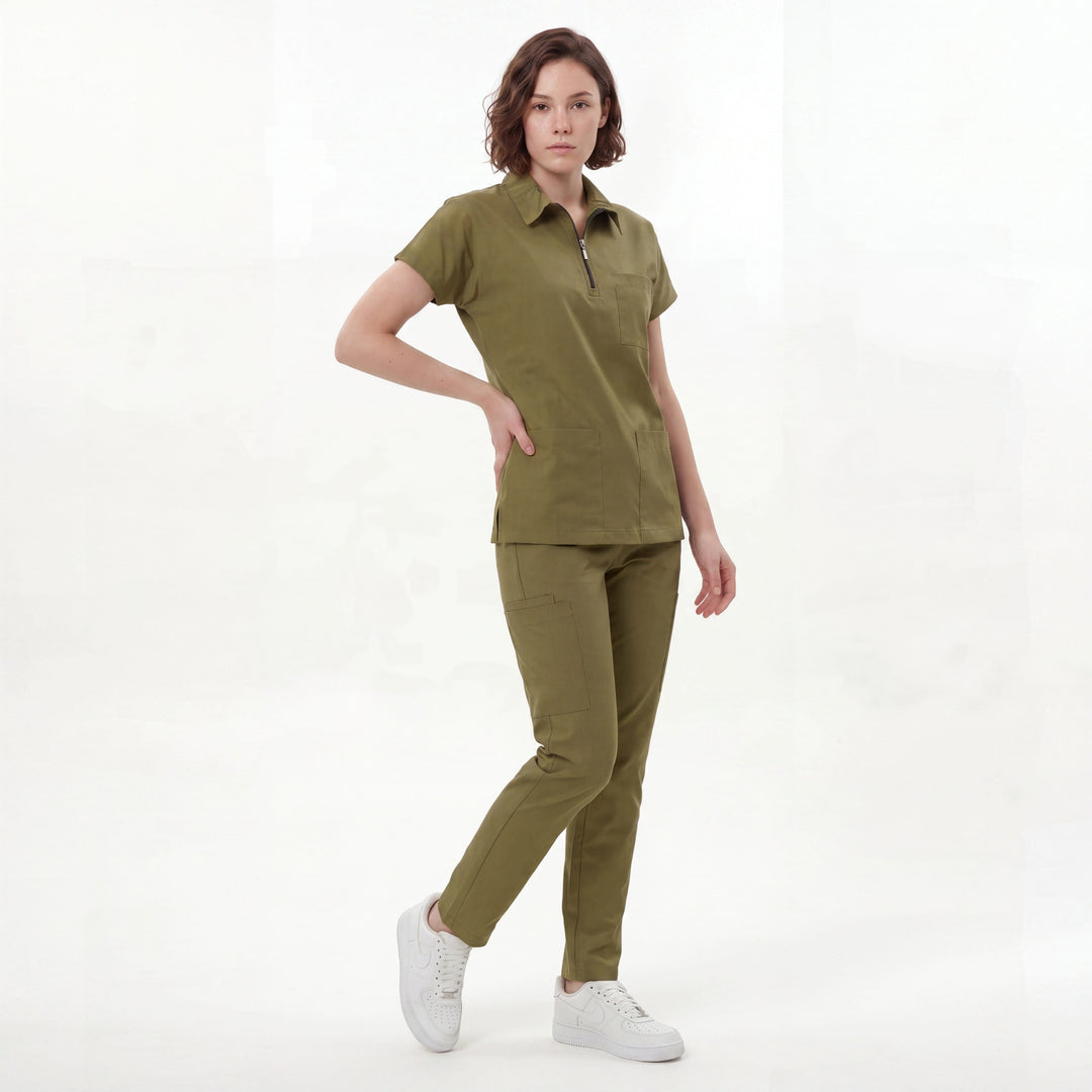 Premium Likralı Zipper Seri Kadın Haki Üniforma Üst