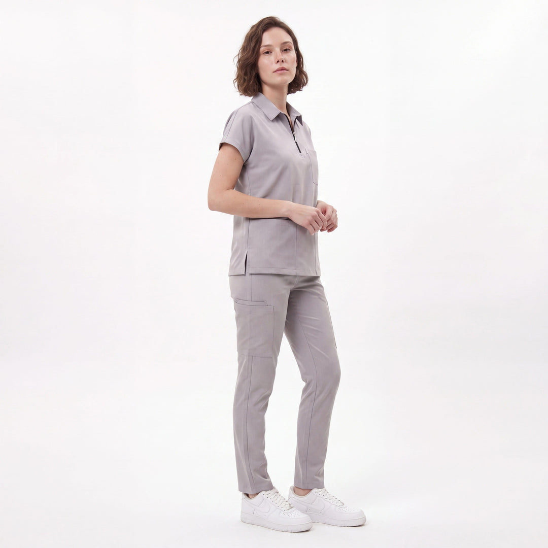 Premium Likralı Zipper Seri Kadın Açık Gri Üniforma Alt