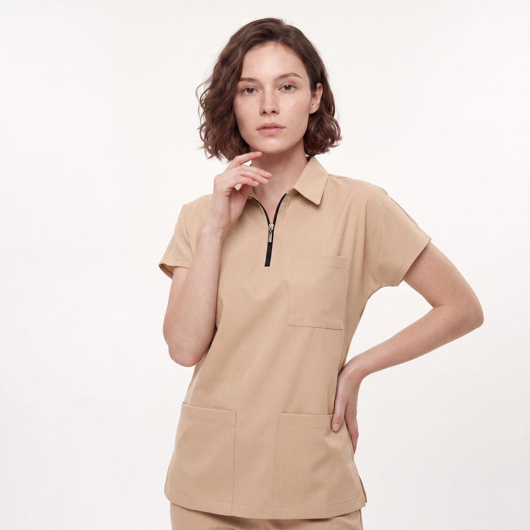 Premium Likralı Zipper Seri Kadın Bej Üniforma Takımı