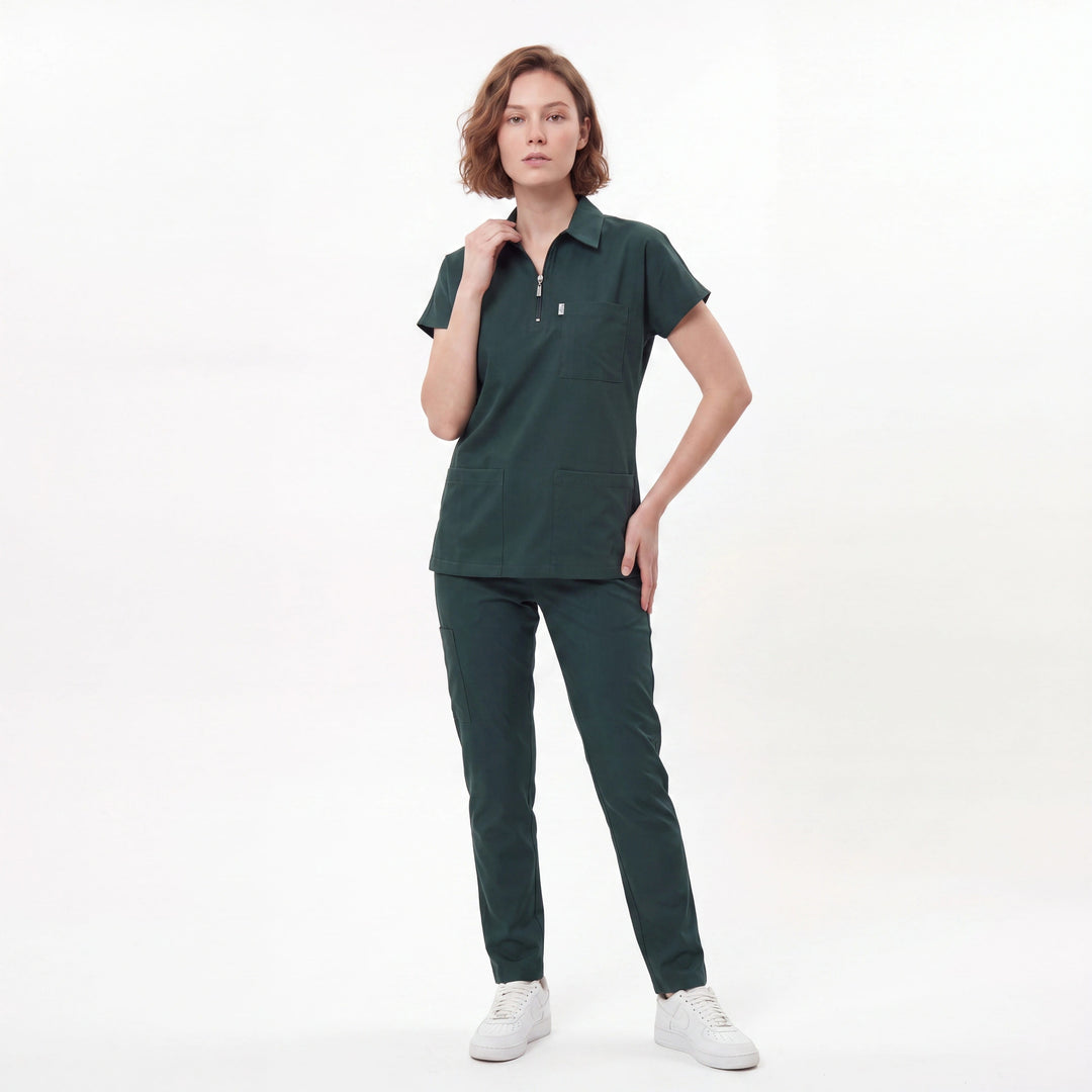 Premium Likralı Zipper Seri Kadın Avcı Yeşili Üniforma Takımı