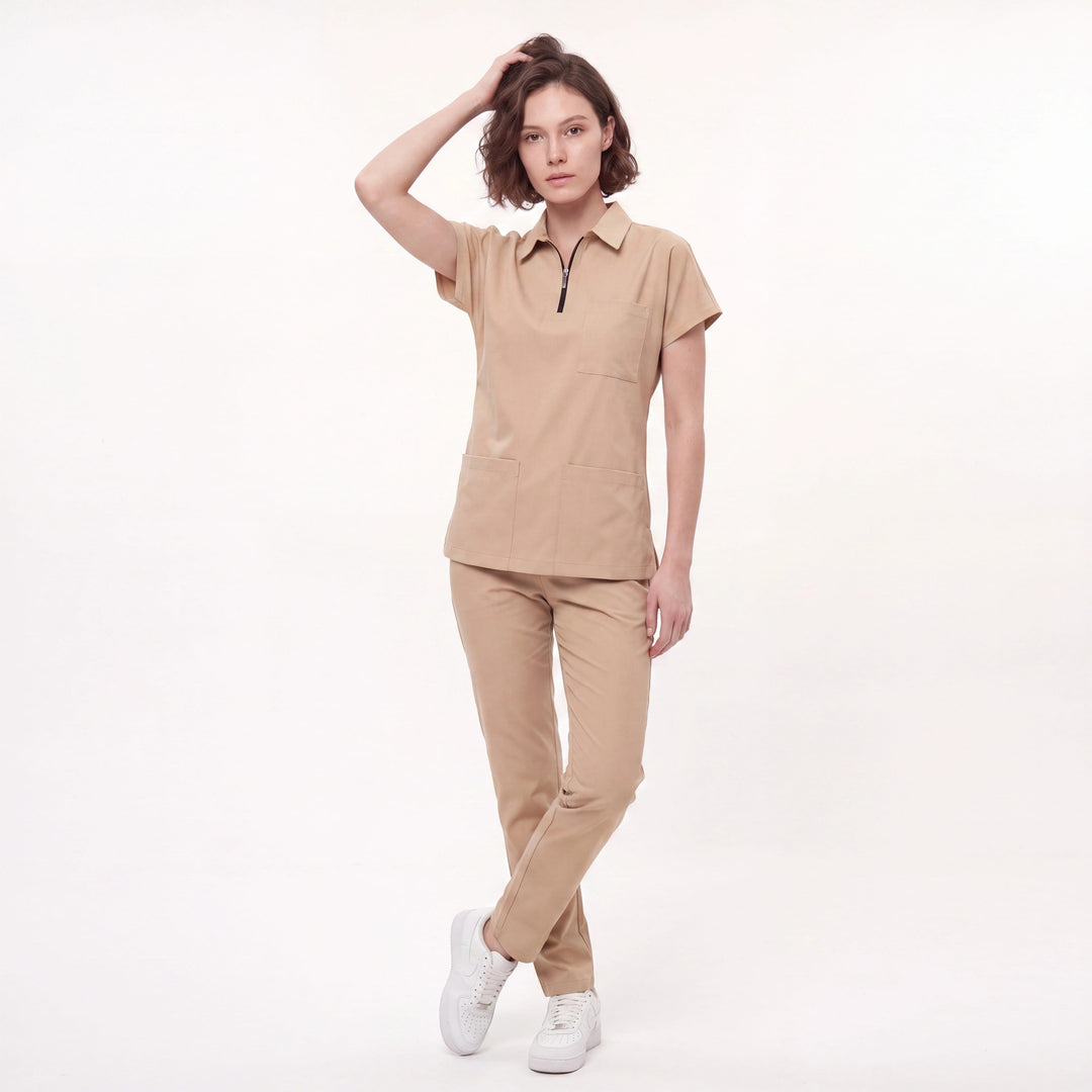 Premium Likralı Zipper Seri Kadın Bej Üniforma Takımı