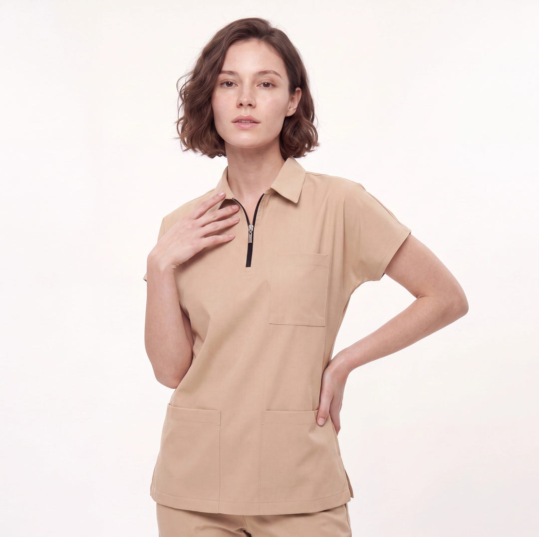 Premium Likralı Zipper Seri Kadın Bej Üniforma Üst