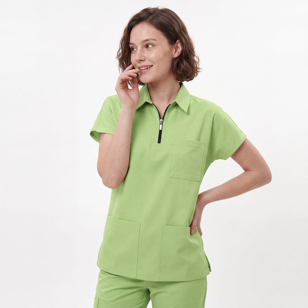 Premium Likralı Zipper Seri Kadın Fıstık Yeşili Üniforma Üst