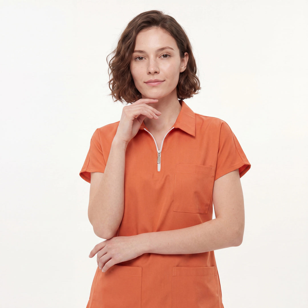 Premium Likralı Zipper Seri Kadın Kavun İçi Üniforma Üst