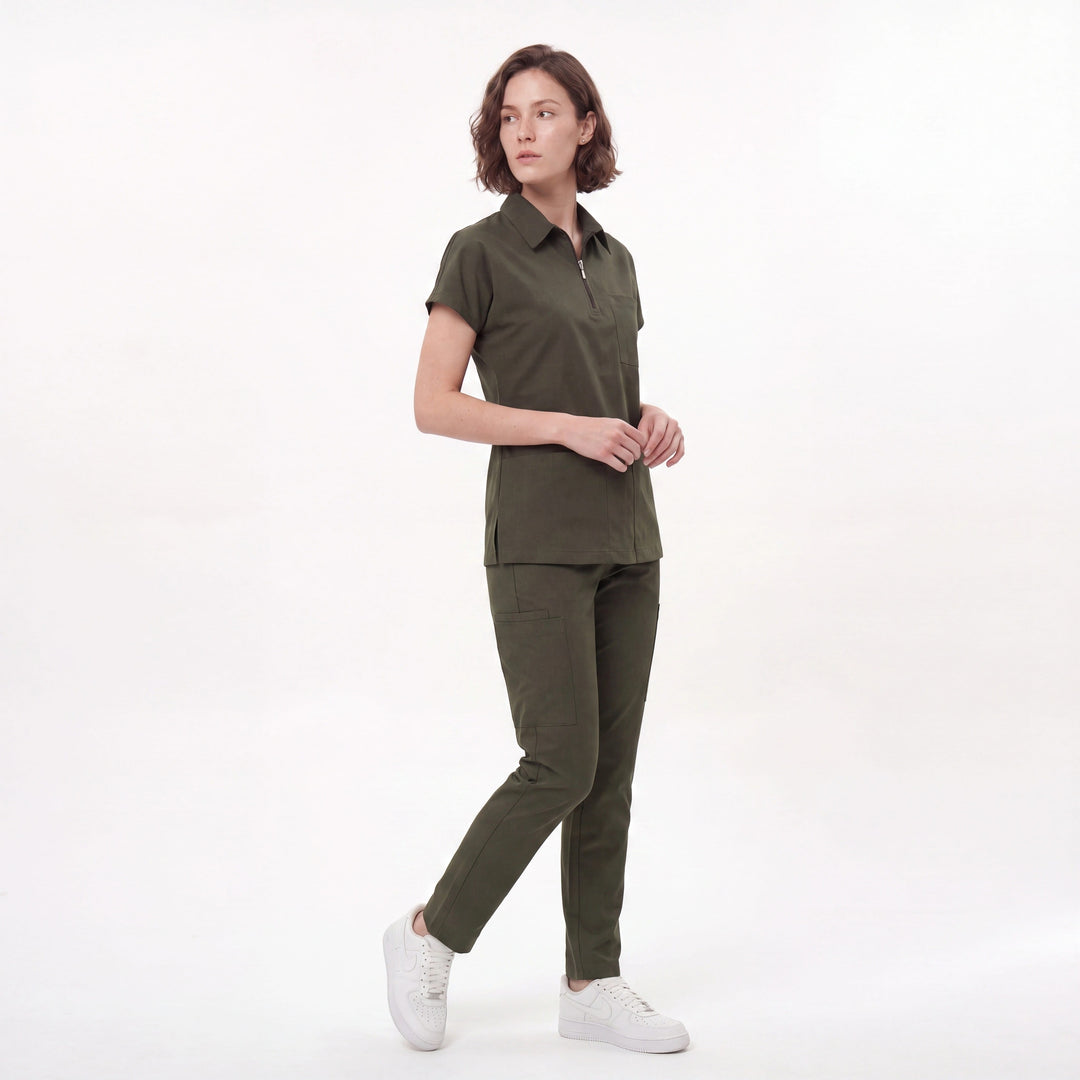 Premium Likralı Zipper Seri Kadın Koyu Haki Üniforma Takımı