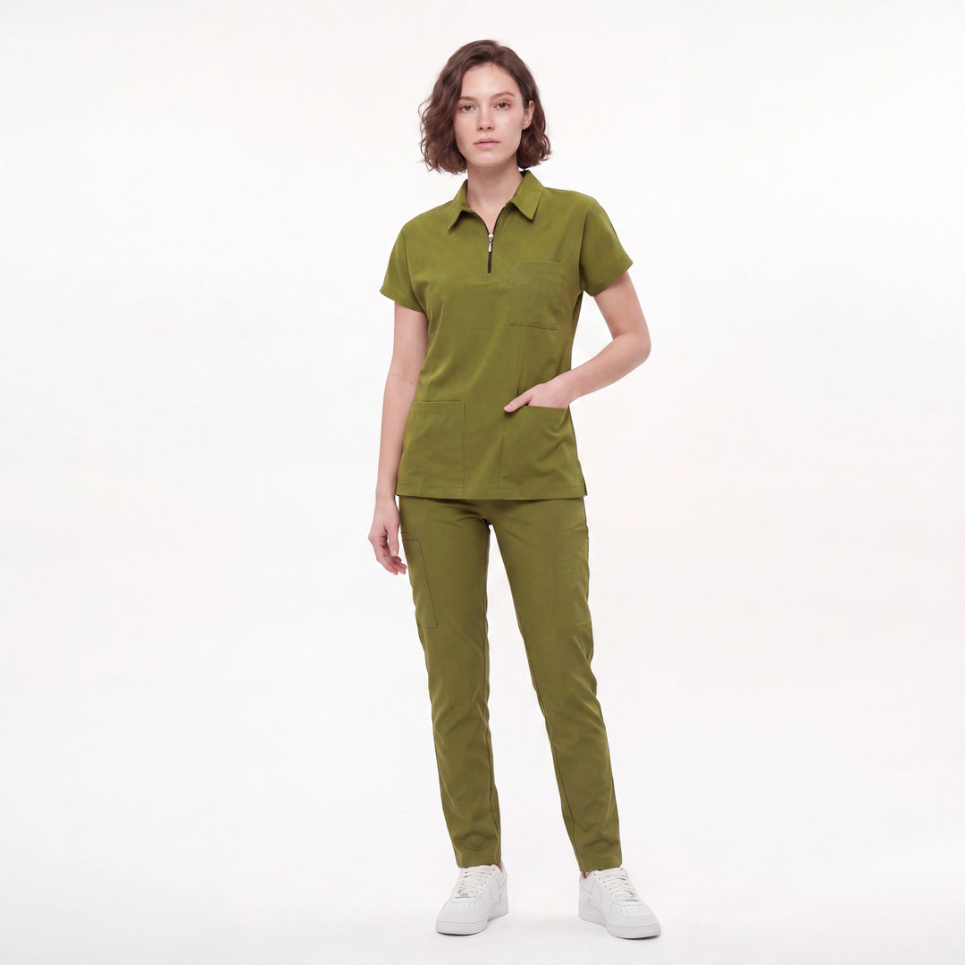 Premium Likralı Zipper Seri Kadın Yağ Yeşili Üniforma Üst